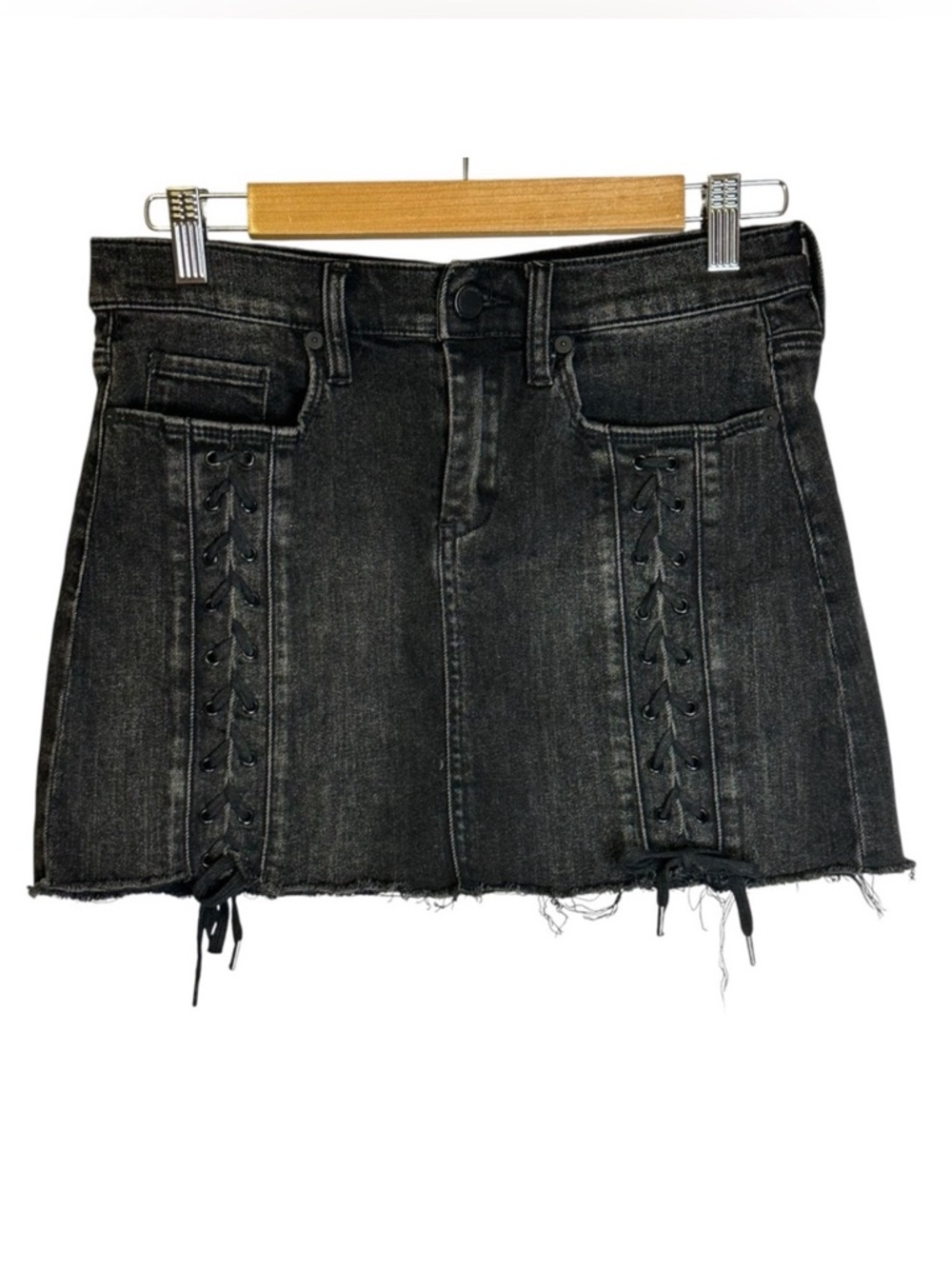 Blank NYC Mystique Denim Lace-Up Mini‎ Skirt Charcoal Gray/Black 26 #54L-0307 - Picture 2 of 11